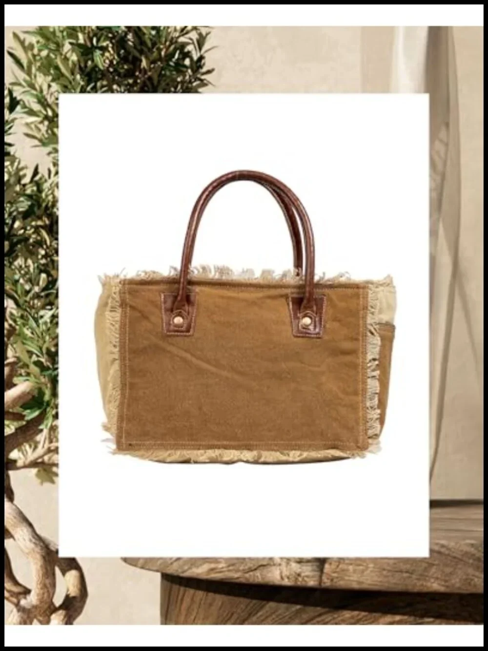 Canvas Tote Bag with Leather Strap, French Inspired Fabric Handbag